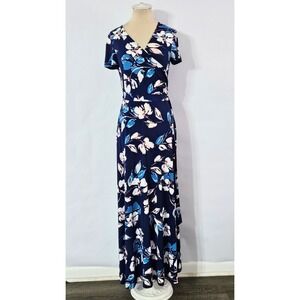 Eliza J Maxi Dress Sz 4 Faux Wrap Long Jersey Stretch Blue Floral Short Sleeve